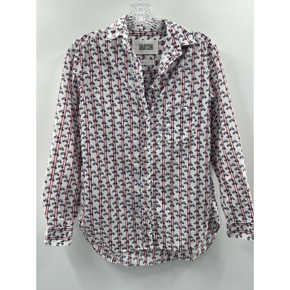 Grayson Women’s Long Sleeve Button Up “The Hero” Bicycle Print Shirt Size XS